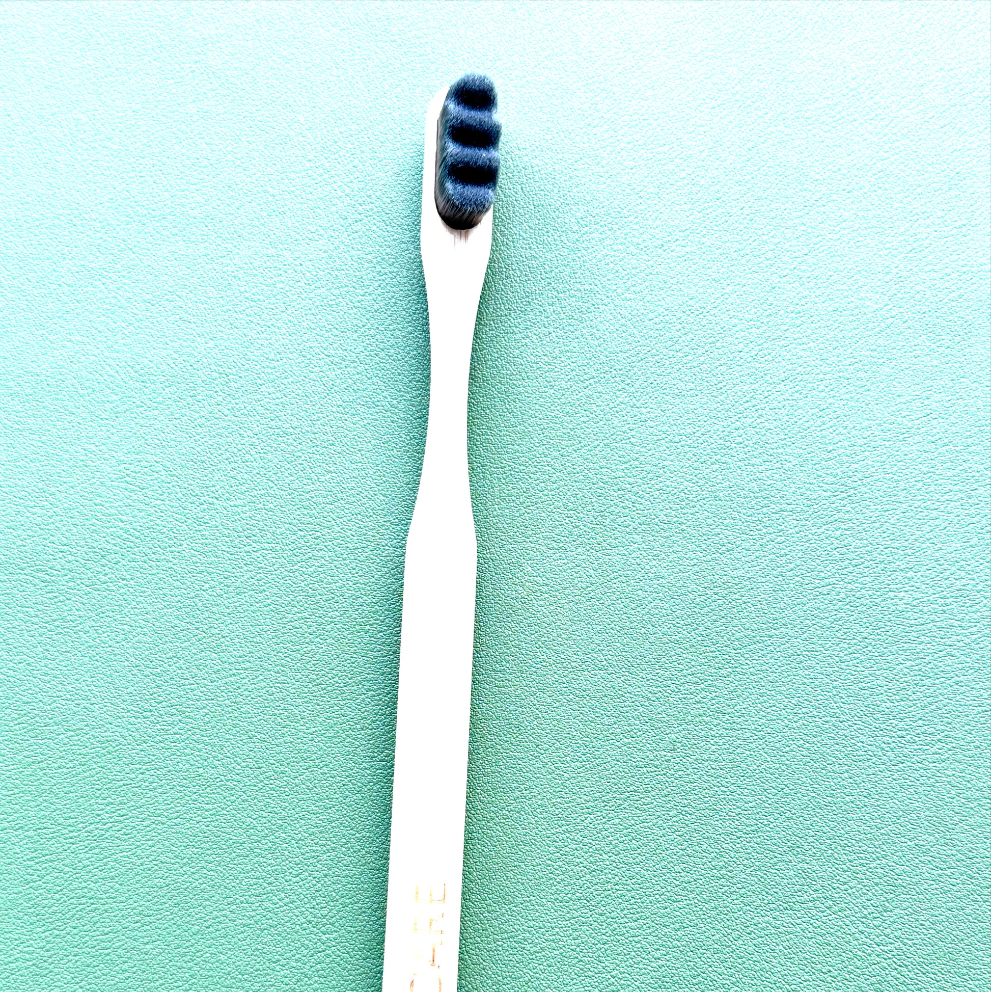 Gray toothbrush with blue bristles on a green background